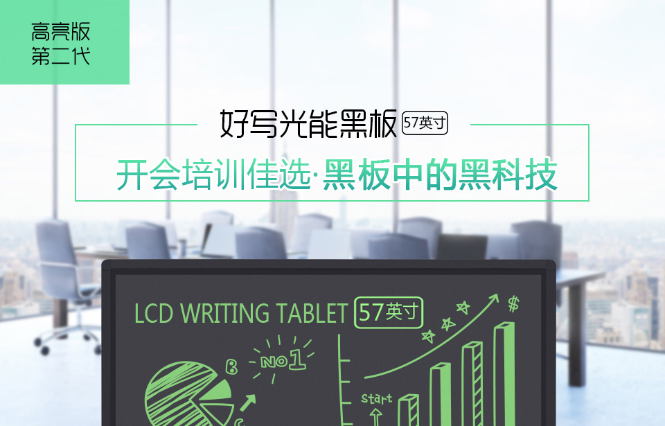 好寫光能黑板57英寸，開會培訓(xùn)佳選，黑板中的黑科技。壓感書寫、一鍵清除、纖薄時(shí)尚、安全環(huán)保、提高效率。
